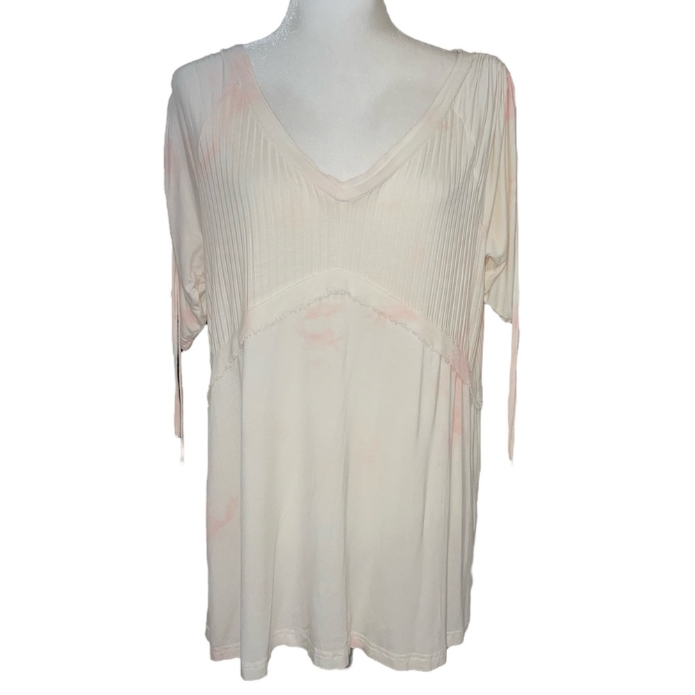 Women’s Dollfins Cream/Orange Tie-Dye Runched Shoulder Short Sleeve Top Small